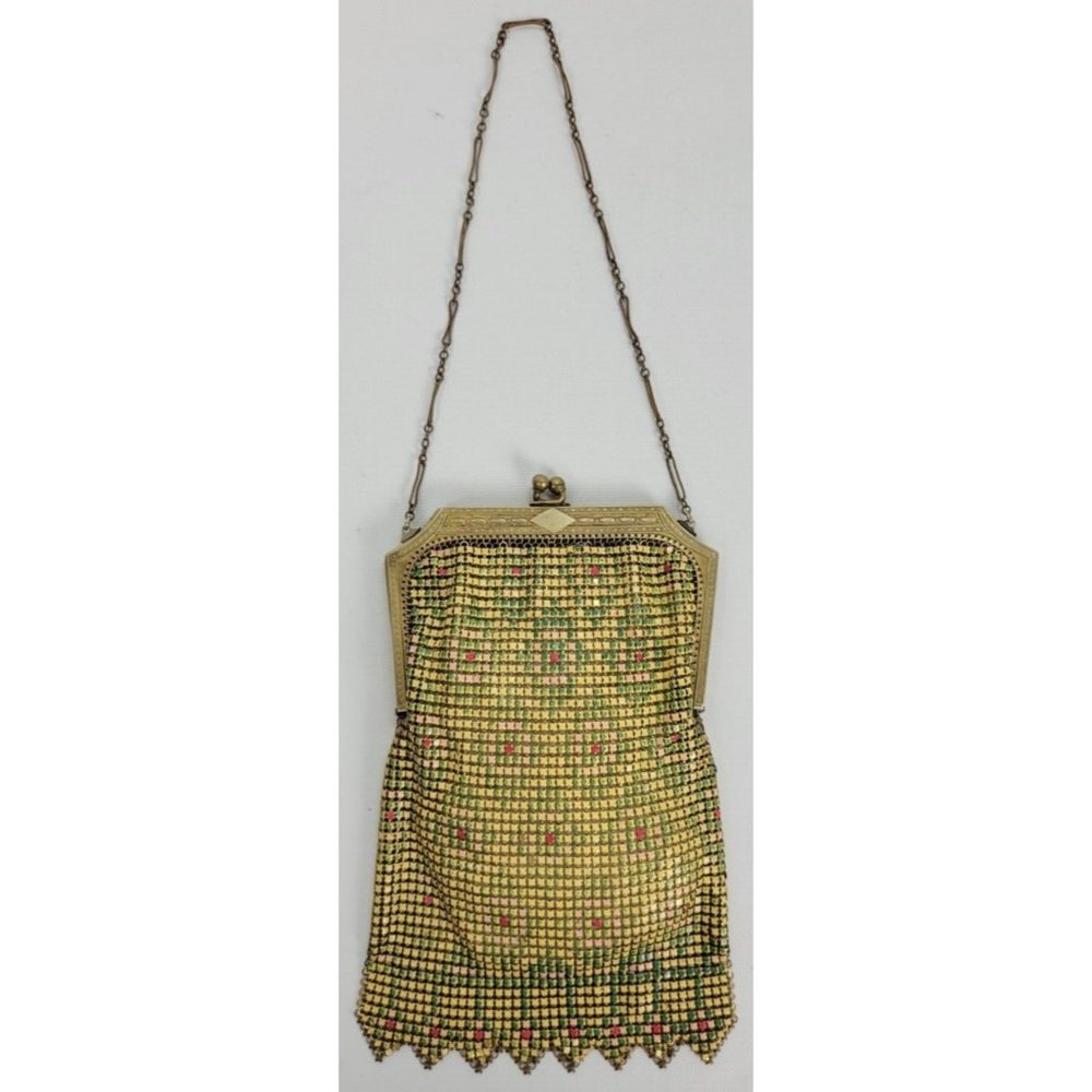 Vintage Art Deco‎ Whiting & Davis Mesh Purse Gold Green Enamel Diamonds